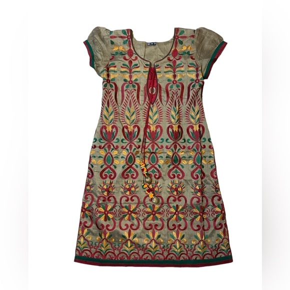 Beautiful Embroidered Tan Kurta With Red, Yellow and Green Embroidery - Picture 13 of 16